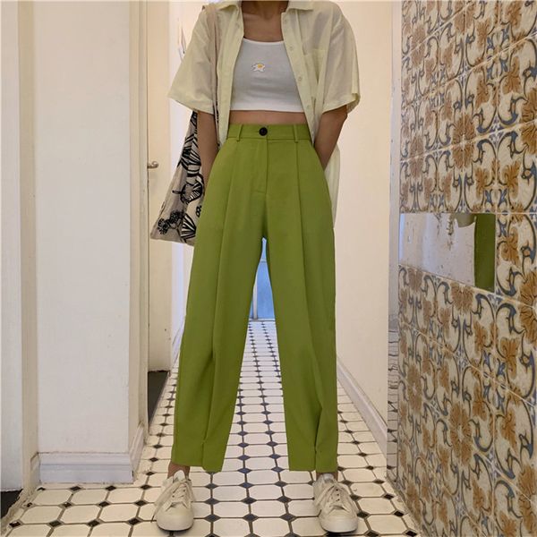

spring brief slender casual high waist summer women loose simple solid ankle length wide leg pants 3 colors 210519, Black;white