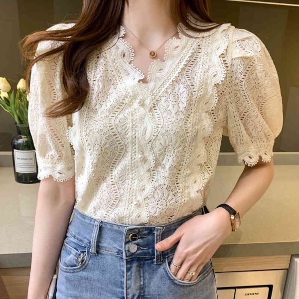 

korean chic crochet lace chiffon blouse women summer vintage short puff sleeve women's shirt v-neck solid ladies 210515, White