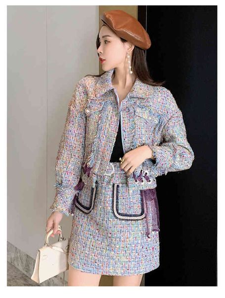 

2021 fall winter vintage elegant tweed two piece dresses set women long sleeve plaid lace-up zipper woolen short jacket coat+mini skirt suit, White