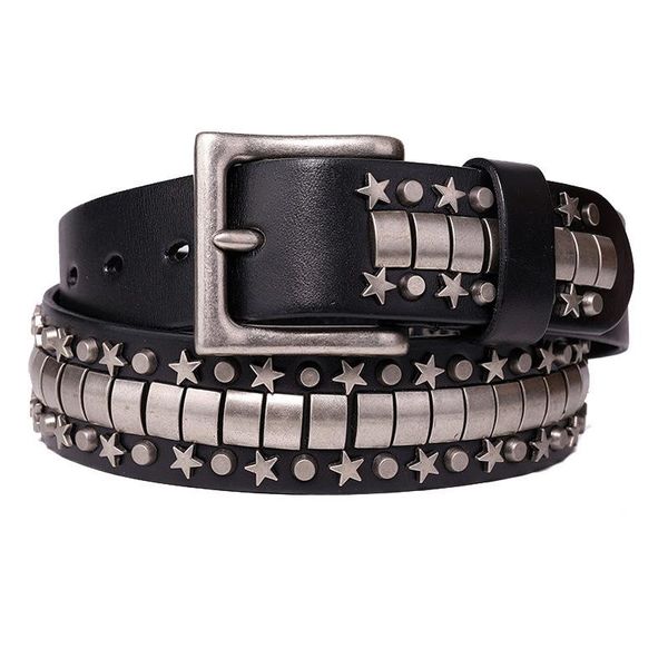 

belts punk rocky cowhide leather men waist straps star rivet studded quality personality, Black;brown