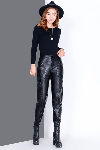 

women's pants & capris spring autumn black faux leather women high waist wide leg harem loose trousers feet pu, Black;white