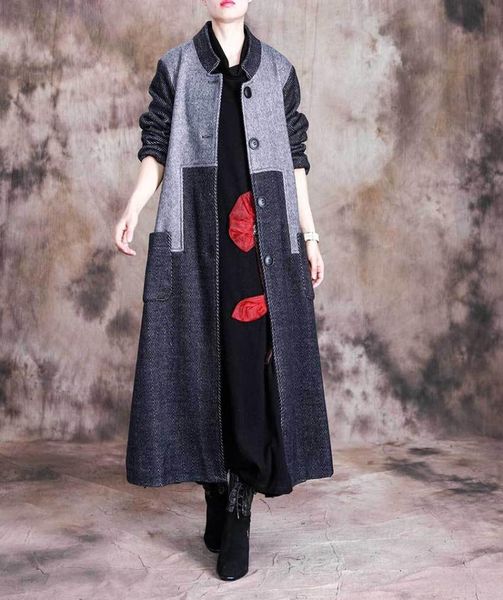 

women's wool & blends women winter fashion stand collar patchwork long coat ladies woolen outerwear female spliced fashon overcoat 2021, Black