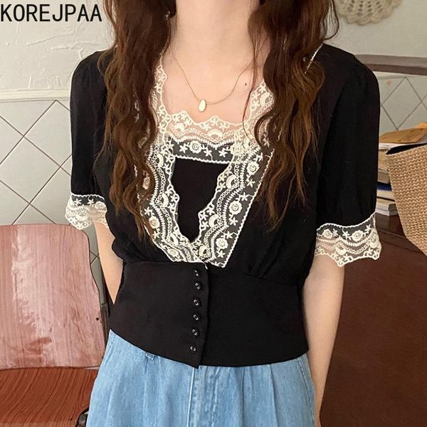 

women's blouses & shirts korejpaa women shirt 2021 summer korean fashion elegant v-neck lace stitching small breasted slim with sling t, White