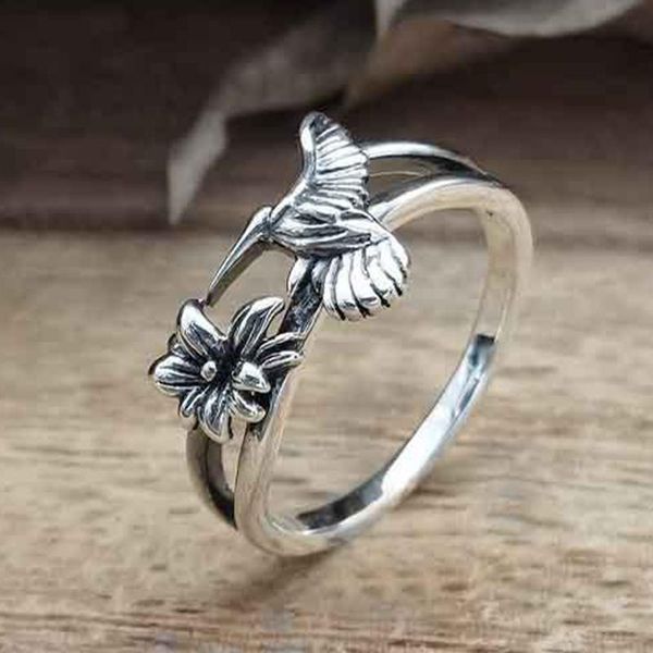 

cluster rings retro ancient silver color plant animal open finger women hummingbird lotus branch bee butterfly charm girls jewelry ring, Golden;silver