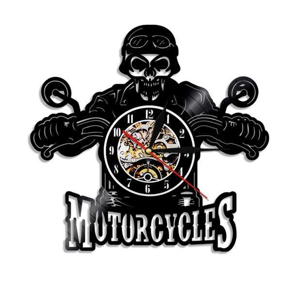 Horloge murale LED Modern Design Motorcycles Bikers King Skull Vinyl Record Watch Oologio da Parete Skull Motorcycle Rider Gift 210401