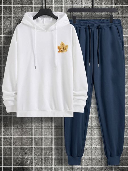 

men maple leaf print drawstring hoodie & sweatpants f6ya#, Gray
