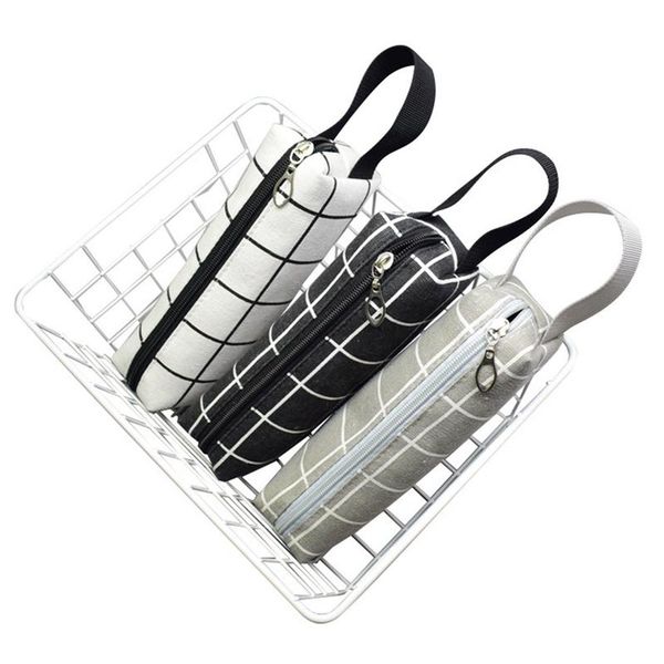 

pencil bags simple and large-capacity portable black white plaid canvas case