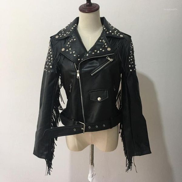 

punk street rivet beading pu leather jackets spring outerwear female fashion tassel stitching jacket f832 women's & faux, Black