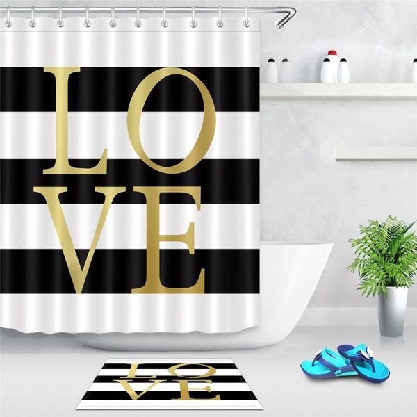 

black and white striped valentines day shower curtain,modern gold love bathroom decor curtain,waterproof polyester fabric curtains