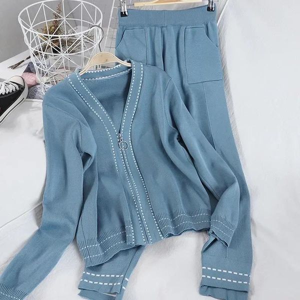 

two piece sets women loose plus size 4xl knitted cardigan coats+harem pants tracksuit casual korean elegant sweater outfit women's, White