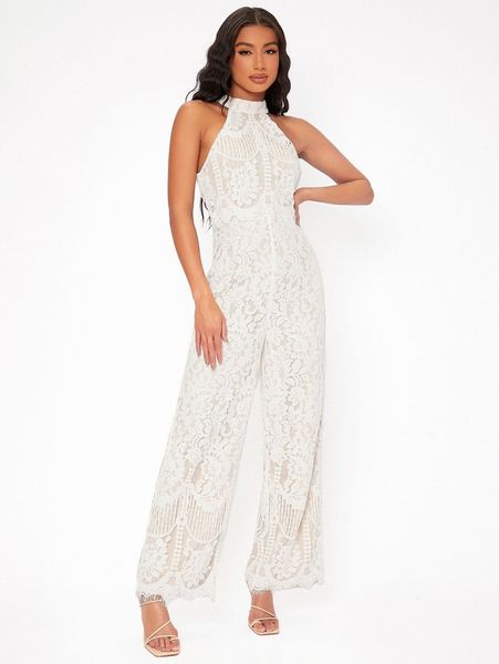 

tall keyhole back lace overlay jumpsuit 701p#, White