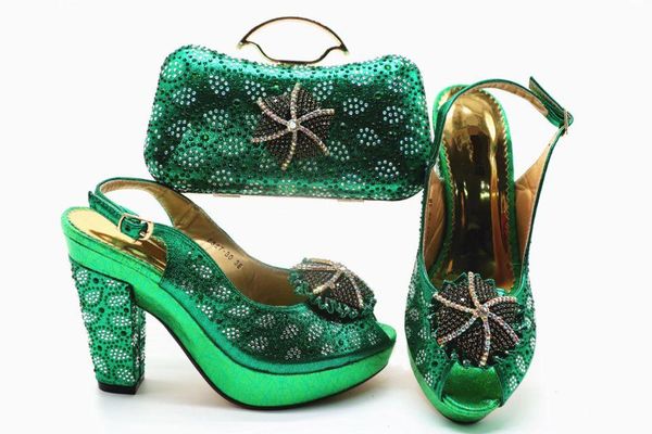 

wonderful green women high heel shoes match handbag set with rhinestone flower style african pumps and bag for dress x52, Black