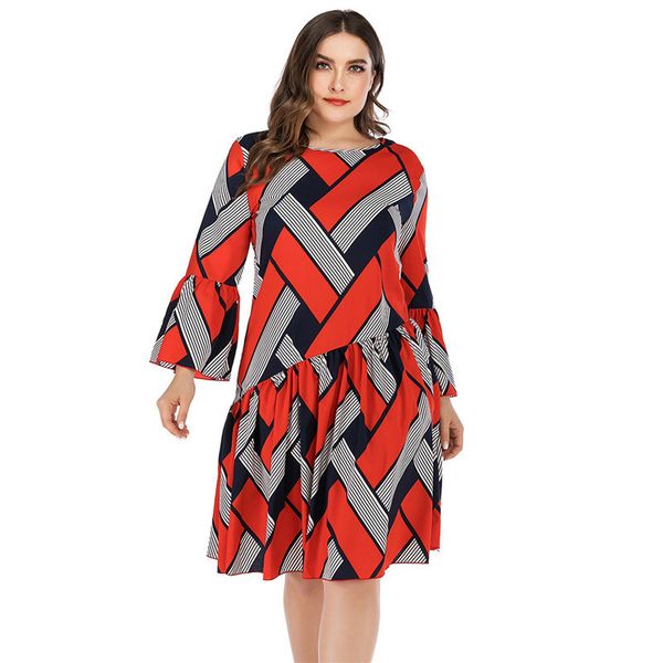 

summer large women's long stripe sleeve 2020 plaid stitching ruffle dress, Black;gray