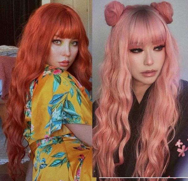 

wave synthetic wig in 7 colors simulation human hair wigs with bangs 24 inches perruques rxg9168, Black