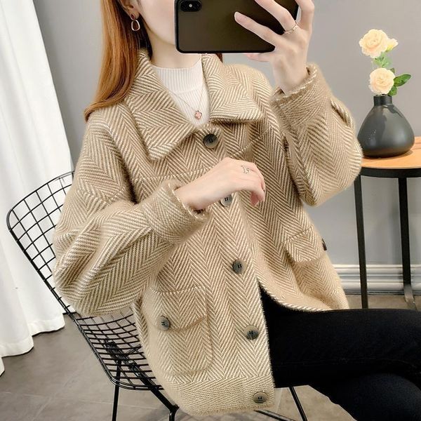 

women's wool & blends 2021 winter thick striped mink cashmere woolen coat women cardigan outerwear 4 color loose short big pocket jacke, Black