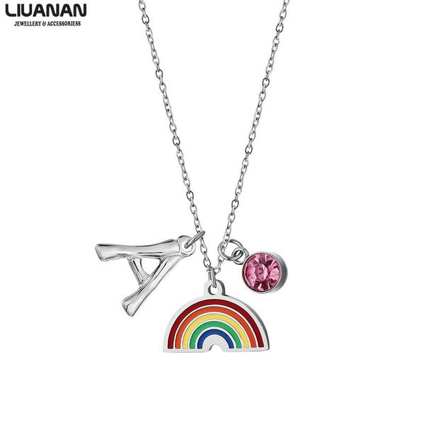 

rainbow pendant necklaces for women birthstone letter geometric stainless steel jewelry gift, Silver
