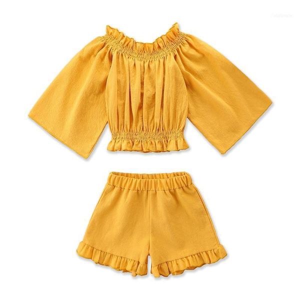 

clothing sets children solid color clothes set, girls long sleeve off-shoulder + short pants with ruffles 1-6t1, White