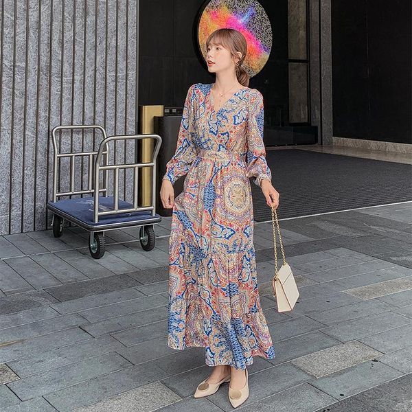 

casual dresses real s 2021 autumn dress retro style waistband show thin temperament long sleeve fairy super, Black;gray