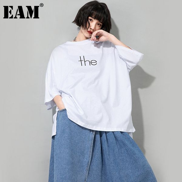 

[eam] women white black letter print bigs size casual t-shirt round neck half sleeve fashion spring summer 1dd8129 210512