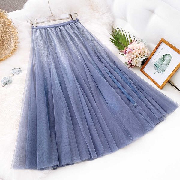 

two piece dress maxi tulle skirt women for spring summer korean ladies blue black gradient high waist long pleated female bosi, White