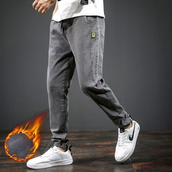 

autumn and winter new plush thickened jeans loose elastic waist leggings men's fashion versatile casual men, Blue