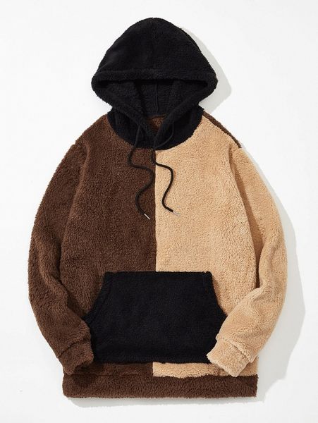 

men color-block kangaroo pocket drawstring teddy hoodie v5pe#, Black