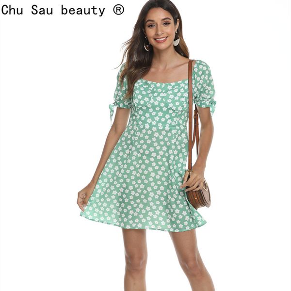 

women summer mini dress vintage fresh low-cut floral bubble sleeve square collar high waist slim woman 210514, Black;gray