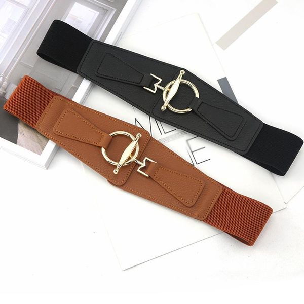 

belts fashion 5cm wide waistbands for dress sweater decorative waist seal women elastic belt korea style metal round buckle, Black;brown