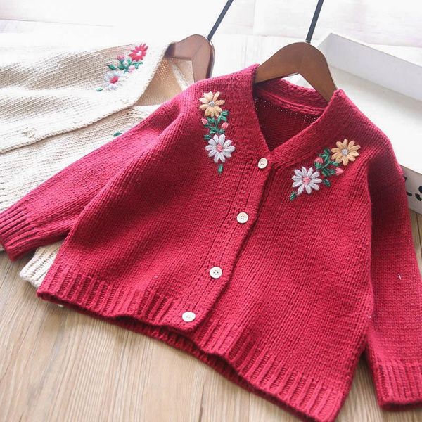 

pullover flower embroidery v collar cardigan girls sweater wholesale, Blue