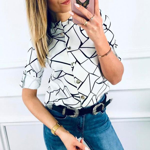 

women's blouses & shirts women print blouse shirt long sleeve stand collar office casual femme blusas femininas 2021 sj3447v, White
