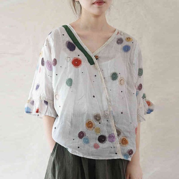 

johnature women ramie ploka dot t-shirts v-neck flare sleeve summer loose patchwork women clothes vintage tees 210521, White