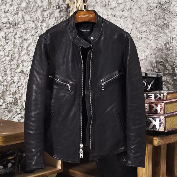 

men's leather & faux 2021 stand collar sheepskin slim fit short motorcycle jacket pockets moto biker rider coat men high quality, Black