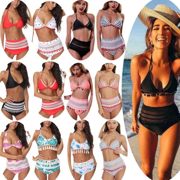 

swimsuit neck high waist tassel mesh split bikini, White;black