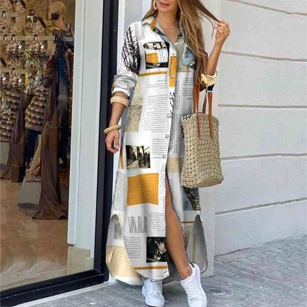 

vintage long shirt autumn womens dresses holiday beach femme newspaper print elegant lady lapel maxi vestidos, Black;gray