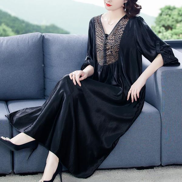 

casual dresses coigarsam women dress autumn 2022 office lady vintage long sleeve patchwork loose solid v-neck black robe, Black;gray