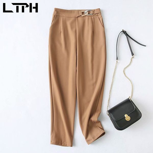 

korean formal women suit pants texture fashion design metal buckle high waist trousers straight female pant spring 210427, Black;white