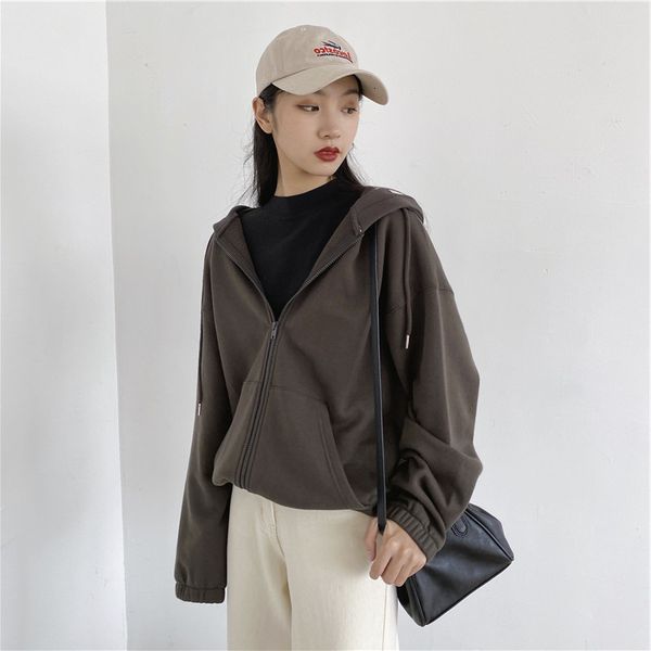

women's hoodies & sweatshirts leisure elastic hose solid zipper vintage jerseys loose with hood casual jacket, Black