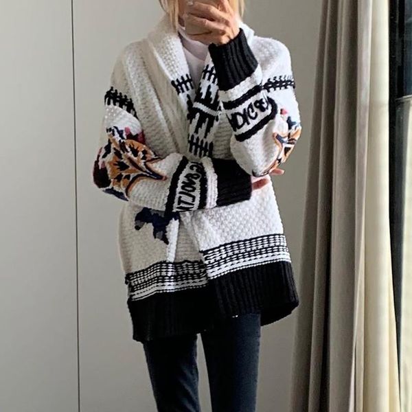 

women's knits & tees rowling chic winter letter embroidery wool cashmere woman sweater turndown collar long slevee female cardigan casu, White