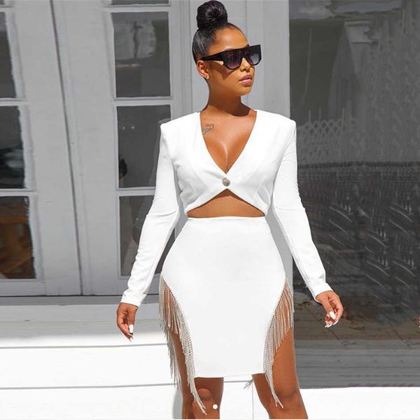

winter women's white bodycon bandage 2 two-piece set long sleeve v-neck tassel + mini skirt club party suit 210527