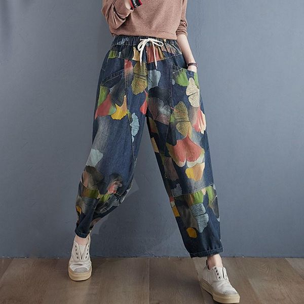 

women high waist jeans arrival 2021 autumn streetwear vintage floral print loose female casual denim harem pants women's, Blue