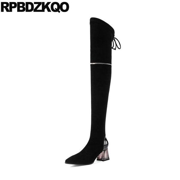 

boots stretch pointed toe shoes chunky suede slim thigh women long black tall heel winter female over the knee