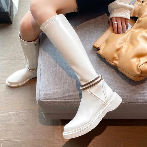 

boots knee high pointed toe patent leather thick bottom platform long thin leg elastic knight boot botas de mujer, Black