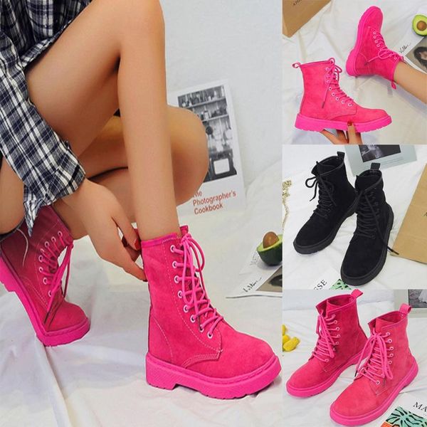 

boots 2021 for women casual winter female round toe lace up ankle shoes flat with botas mujer school student, Black