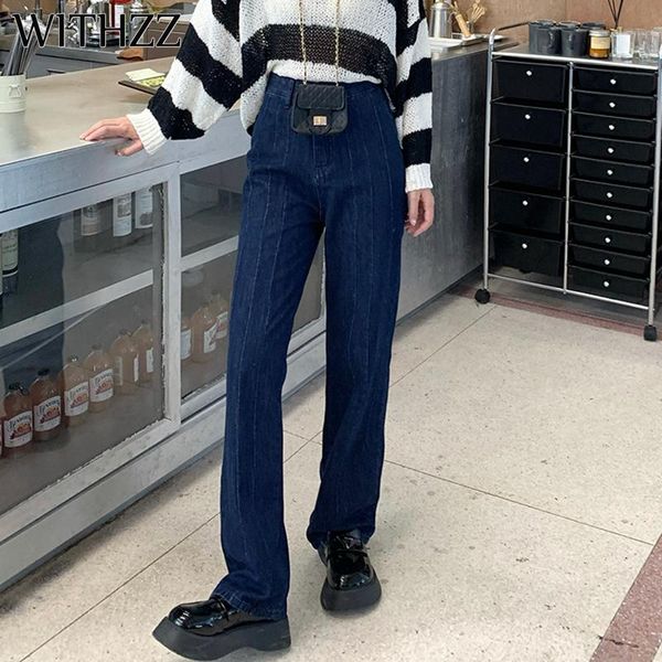 

women's jeans withzz spring autumn female high-waist dark blue striped crease denim straight pants women