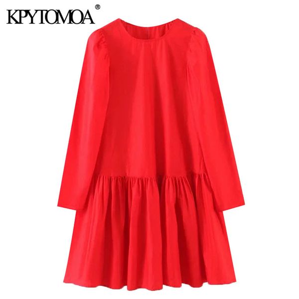 

women chic fashion pleated hem red mini dress vintage o neck puff sleeve female dresses vestidos mujer 210416, Black;gray