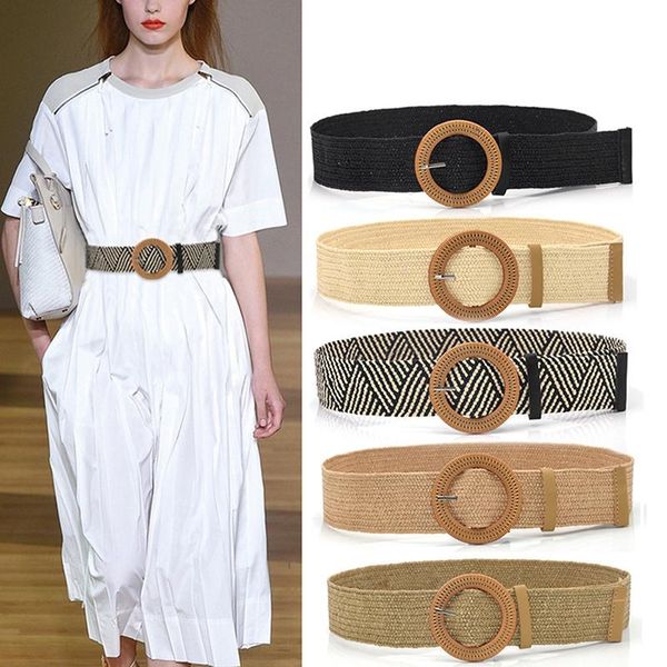 

belts women braided elastic belt round square wooden buckle vintage bohe straw knitted dress, Black;brown