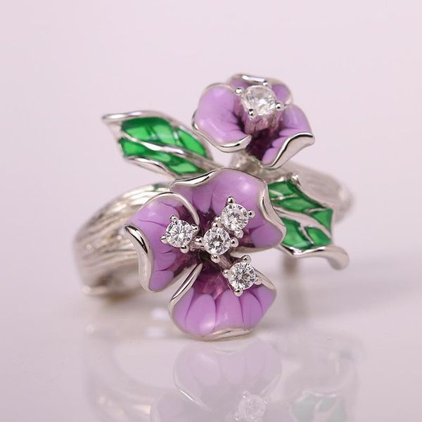 

cluster rings elegant exquisite flower silver for women purple bud enamel cubic zirconia crystal wedding anniversary finger ring gift, Golden;silver