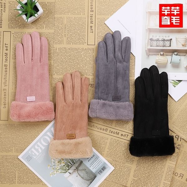 

autumn and winter women's warm gloves suede plush thickened touch screen outdoor driving cycling sports, Black