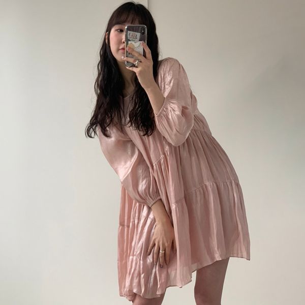 

spring female loose sweet casual round neck solid color long sleeve pleated pink ball-gown a-line dress 8p044 210510, Black;gray