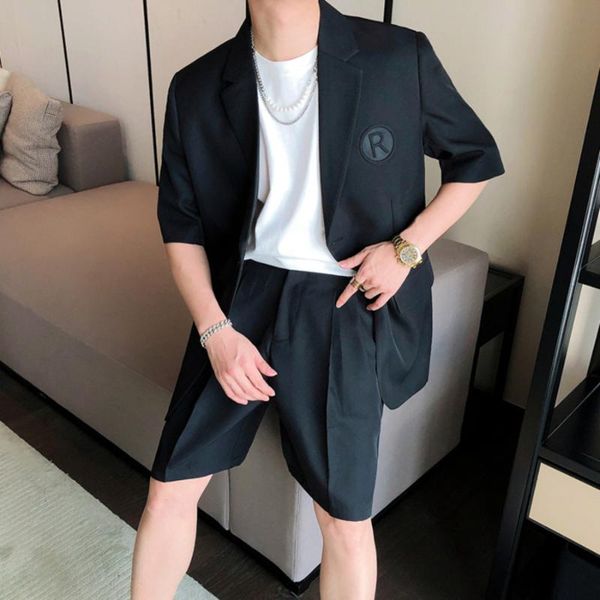 

men's suits & blazers korean solid color short sleeve suit embroidery letter men 2 piece set groom british style summer tuxedo, White;black